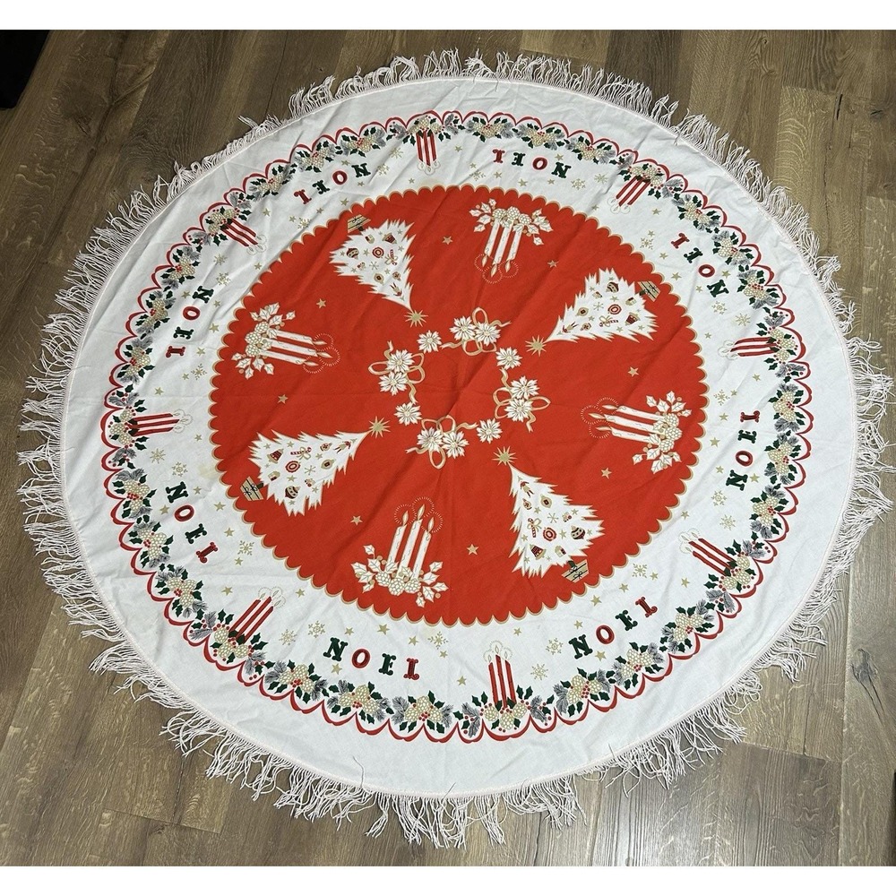 Vtg Mid Century Christmas Fringe Tablecloth Round 58" Diameter NOEL